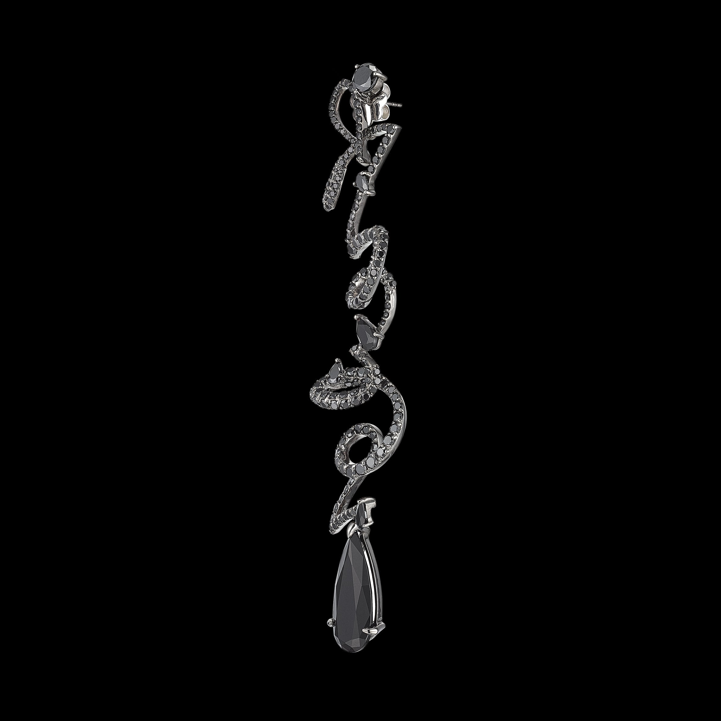 Black Diamond Script Earrings, Earring, Anabela Chan Joaillerie - Fine jewelry with laboratory grown and created gemstones hand-crafted in the United Kingdom. Anabela Chan Joaillerie is the first fine jewellery brand in the world to champion laboratory-grown and created gemstones with high jewellery design, artisanal craftsmanship and a focus on ethical and sustainable innovations.
